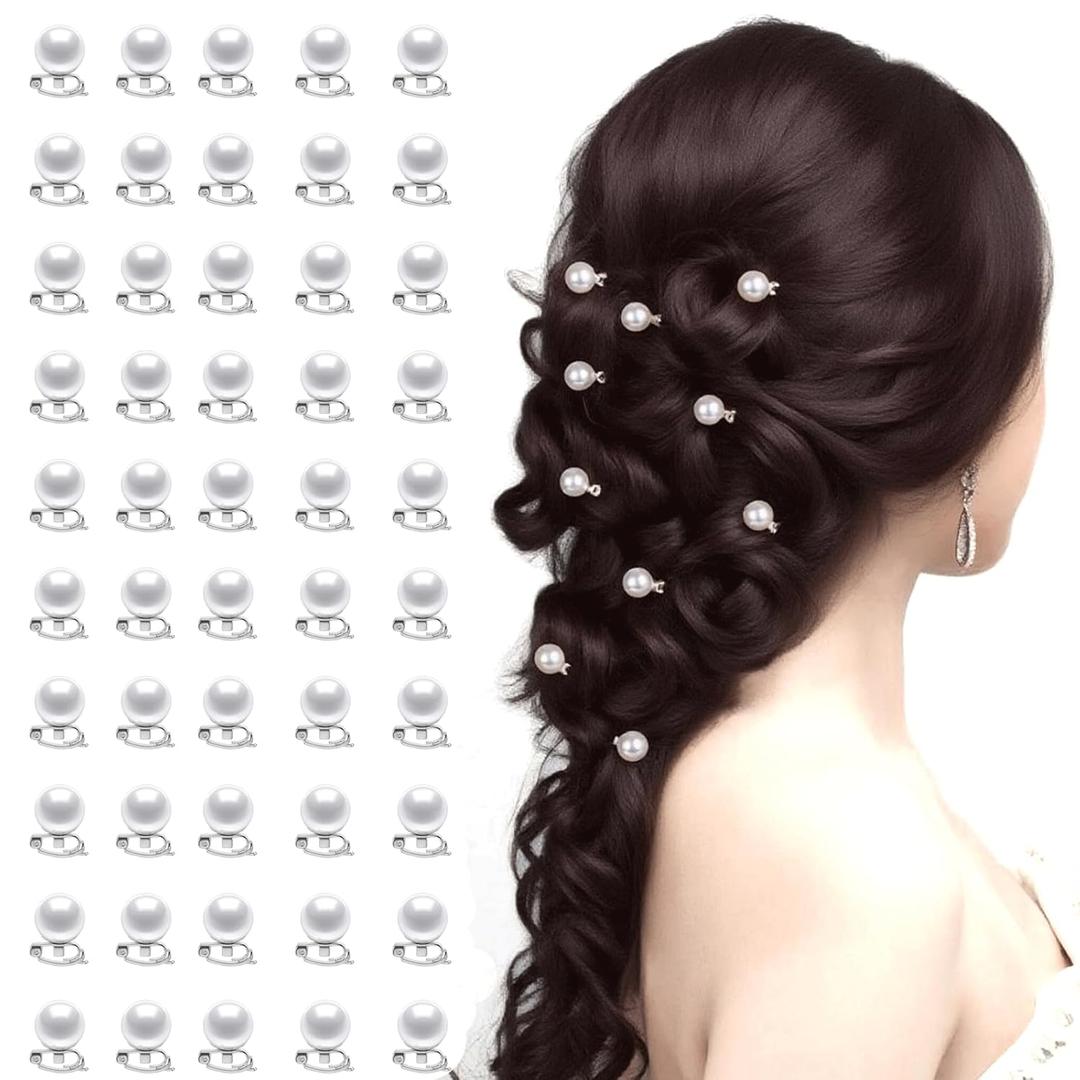 50PCS Pearl Hair Clips, Mini Pearl Hair Pins, White Clips with Alloy Base, Elegant Barrettes for Daily Hairstyle Design Photo Shooting Banquets Wedding Party Women Decoration