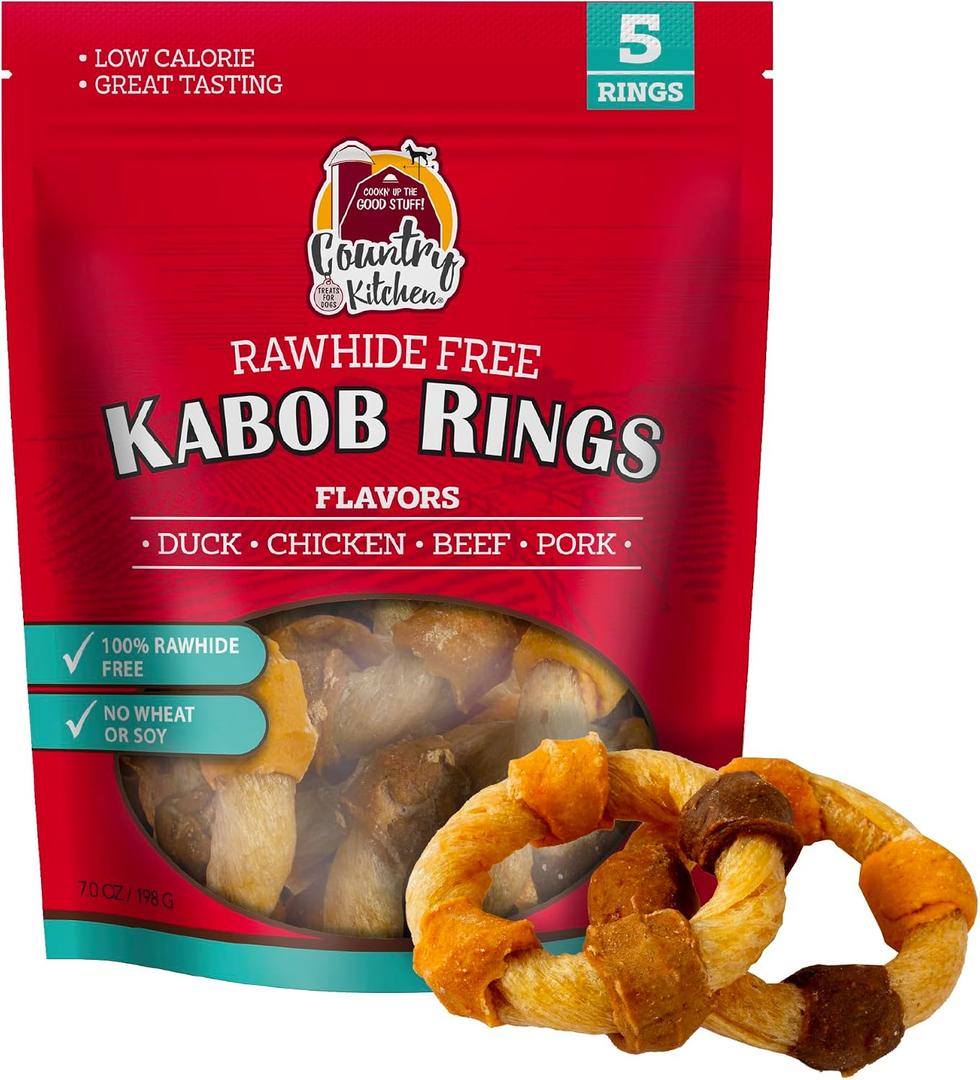 Country Kitchen Rawhide Free Kabob Rings 4 Flavor Variety Pack, 5 Count | Protein Dog Treats,Made with Real Chicken, Beef, Pork, and Duck, Chewy, Airy Texture (EXP 07/25/27)