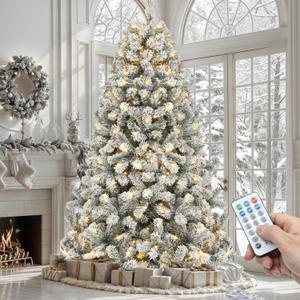 YITAHOME Prelit Snow Flocked Artificial Full Christmas Tree 9ft with Remote Control, Christmas Pine Tree with 11 Light-Modes, 2094 Branch Tips, and Foldable Base for Home, Party Decoration (White)