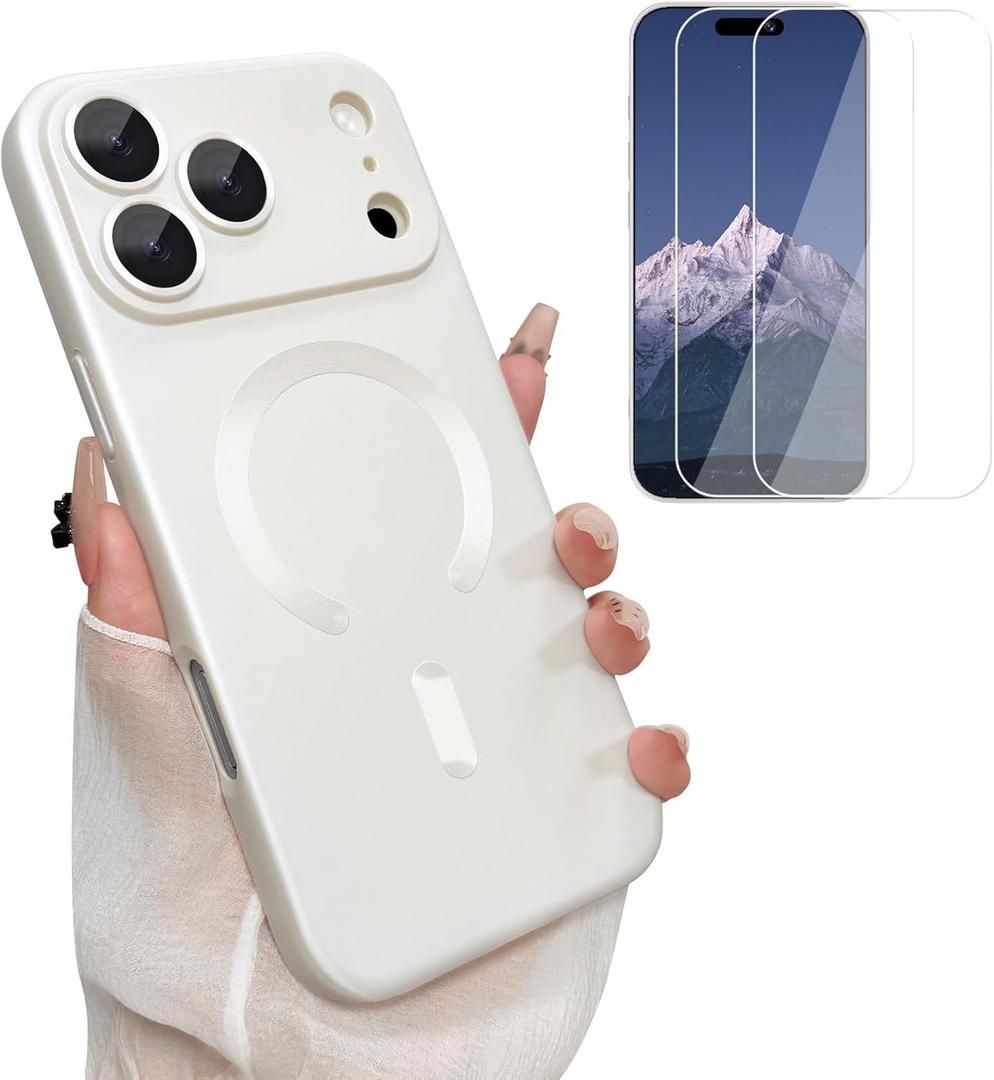 Magnetic for iPhone 17 Pro Max Phone Case for Women, [Compatible with MagSafe] Matte Soft Metallic Design with Lens Protectors and 2 Screen Protectors for iPhone 17 Pro Max 6.9"-White