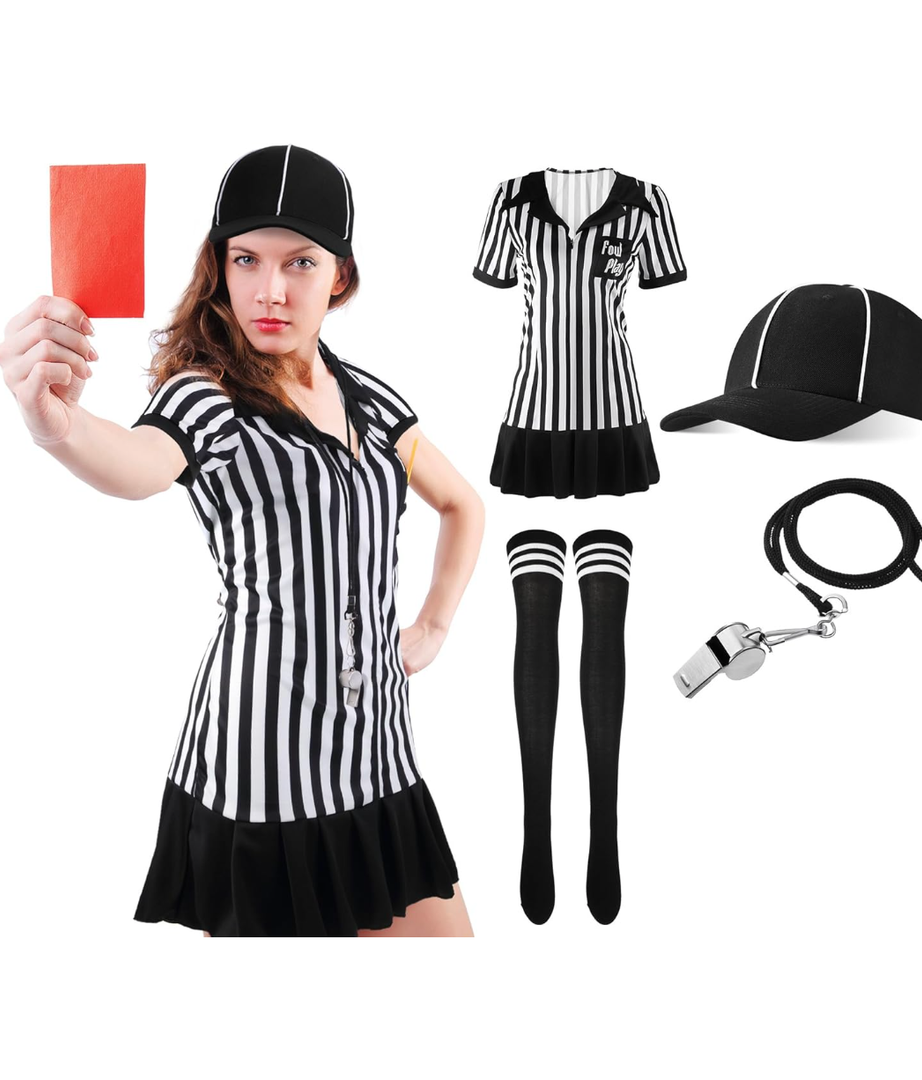 SATINIOR 5 Pcs Women Referee Costume Set Umpire Outfit Stripe Ref Shirt Hat Long Socks Whistle for Halloween Cosplay Party, XL