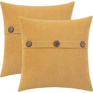 HWY 50 Mustard Yellow Chenille Throw Pillow Covers 18x18 Inch with Triple Buttons, Soft Farmhouse Accent Decorative Cushion Cases for Couch Sofa Bed Living Room Pack of 2