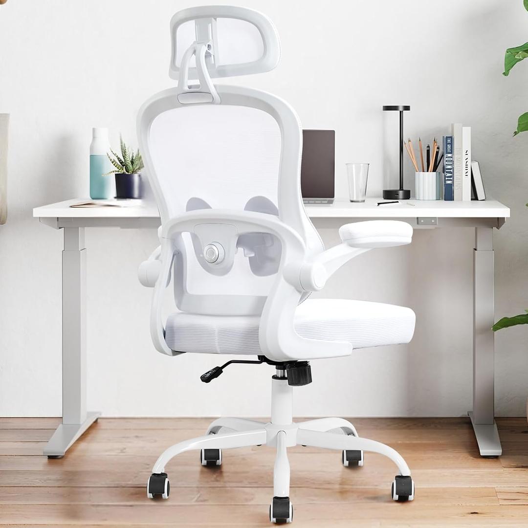 Ergonomic Office Chair,Ultra Thick Office Desk Chair with Adjustable Lumbar Support and Headrest,Spring Cushion,Rocking Function,Flip-up arms,Mesh Computer Chair for Home Office,White, 21.2" W x 20.5" D x 24.8" W x 24.8" D x 50.3" H