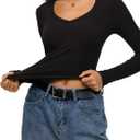 REORIA Womens Long Sleeve Shirts 2025 Fall Trendy Deep V Neck Slim Fit Basic Tops Casual Going Out Top Tee Blouse (Black, S)