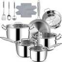 Stainless Steel Cookware Set - 20 PCS Pots and Pans Set with 3-Ply Stainless Steel Frying Pan, Professional Kitchen Cooking Set, Induction Compatible, Oven & Dishwasher Safe