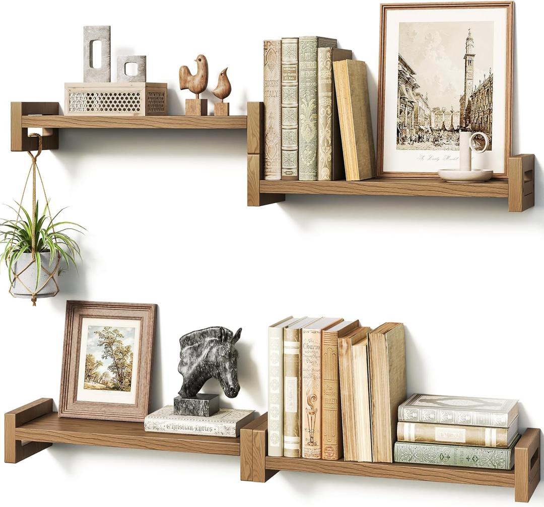 Vailando Floating Shelves for Wall, Set of 4 Solid Wood Wall Mounted Shelves, 16.15" Rustic Walnut Display Shelf for Bedroom, Living Room, Bathroom, Kitchen  Strong Load Capacity & Natural Pine