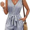  GUOLEZEEV Womens Summer Romper V Neck Button Up Linen Rompers Striped Sleeveless Short Jumpsuits Beach Vacation Outfits, Size Large, Haze Blue 