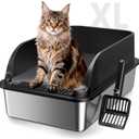 Stainless Steel Litter Box, XL Extra Large High Sides Litter Box for Big Cats, Open Top Easy to Clean Non Stick Odorless Anti-Urine Leakage Metal Cat Pan, Include Scoop, Black