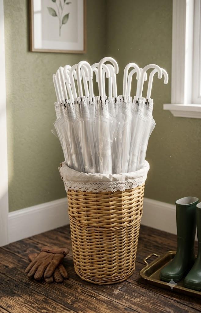 Clear Wedding Umbrellas Auto Open Windproof Stick Bulk 30 Pcs | Transparent J Hook Handle Bulk, Large Canopy, Rainy Outdoor Celebrations, Wedding Style, Party Favors, Christmas Décor
 woven basket