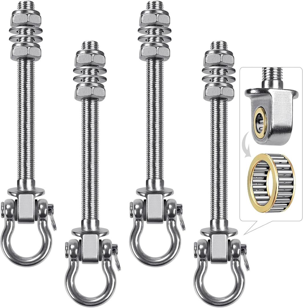 SELEWARE Heavy Duty Bearing Swing Hangers, 4 Pack Stainless Steel Hooks for Wood and Steel Beam, Sets Hardware for Hammock, Yoga, Porch, Heavy Bag, 7" x M2/5", 1500LB Capacity