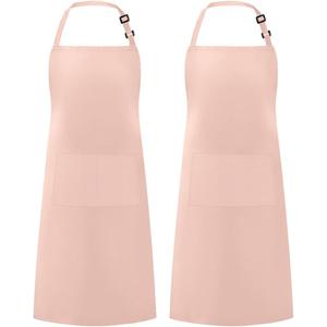 Syntus 2 Pack Adjustable Bib Apron Waterdrop Resistant with 2 Pockets Cooking Kitchen Aprons for Women Men Chef (Nude Pink)