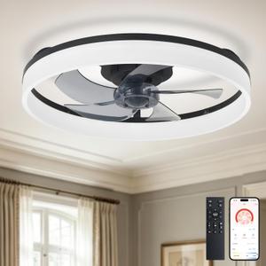 DLLT Low Profile Ceiling Fan: 20" Modern Flush Mount Ceiling Fans with Lights for Bedroom - Black LED Bladeless Fandelier with APP Remote Control 3000K-6500K Quiet DC Motor for Kids Room Living Room