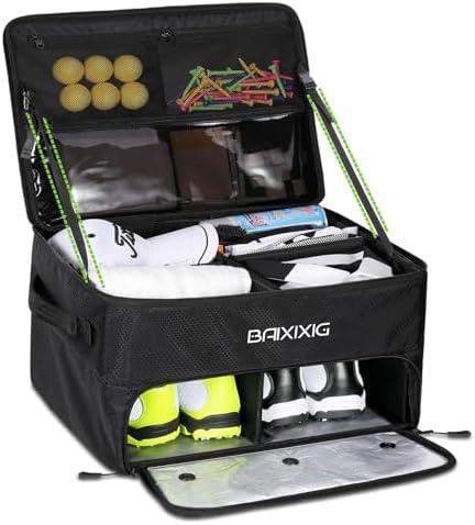 BAIXIXIG Golf Trunk Organizer, Waterproof Car Golf Locker with Separate Ventilated Compartment for 2 Pair Shoes, Golf Storage for Balls, Tees, Cap, Clothes, Gloves, Accessories, Gifts for Men, Women