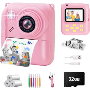 Instant Print Camera for Kids, 1080P Video Camera with 3 Print Rolls, 32GB Card & Cute Cover, Gift for Girls Boys Age 3-12, Toddler Digital Camera with Games, Filters, Music Pink