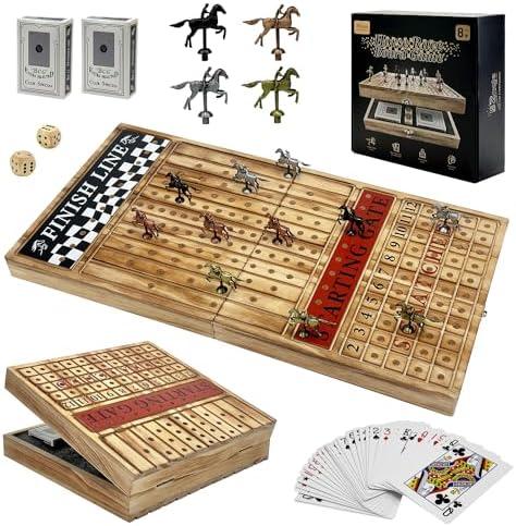 Large 23 inches Horse Racing Board Game with 11 Luxury Metal Horses, Foldable Wood Horse Race Board Game with 2 Sets of Dice, 2 Boxes of Cards for Parties and Gambling