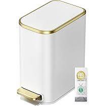 Cesun Small Bathroom Trash Can with Lid Soft Close, 5 Liter/1.3 Gallon Stainless Steel Garbage Can with Removable Inner Bucket, Step Pedal, Slim Waste Basket for Toilet, Office, Bedroom (White&Gold)