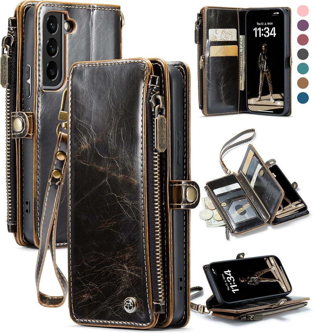 Defencase Compatible with Samsung Galaxy S22 5G Case Wallet with RFID Blocking Card Holder for Women Men, PU Leather Magnetic Snap Flip Zipper Strap Wallet Phone Case Fit for Galaxy S22 6.1", Coffee