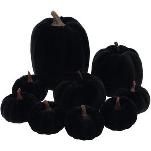 9Pcs Black Mini Halloween Pumpkins Artificial Velvet Fabric Pumpkin Assorted Fall Mantel Table Centerpiece Farmhouse Kitchen Thanksgiving Decorations