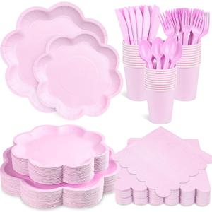350 Pcs Lavender Paper Plates and Napkins Set, Tableware Set for 50 Guests Include Disposable Purple Scalloped Plates, Napkins, Cups, Knives, Fork & Spoon for Baby Shower Wedding Bridal Shower