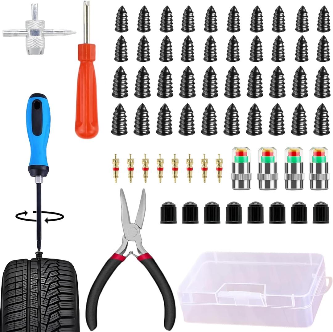 Tire Plug Kit 64 Pcs Tire Repair Rubber Nails Kit with 2 Sizes,Tire Caps with Pressure Gauge,Flat Tire Repair Kit for Car,Motorcycle,Truck,ATV,Tire Puncture Repair