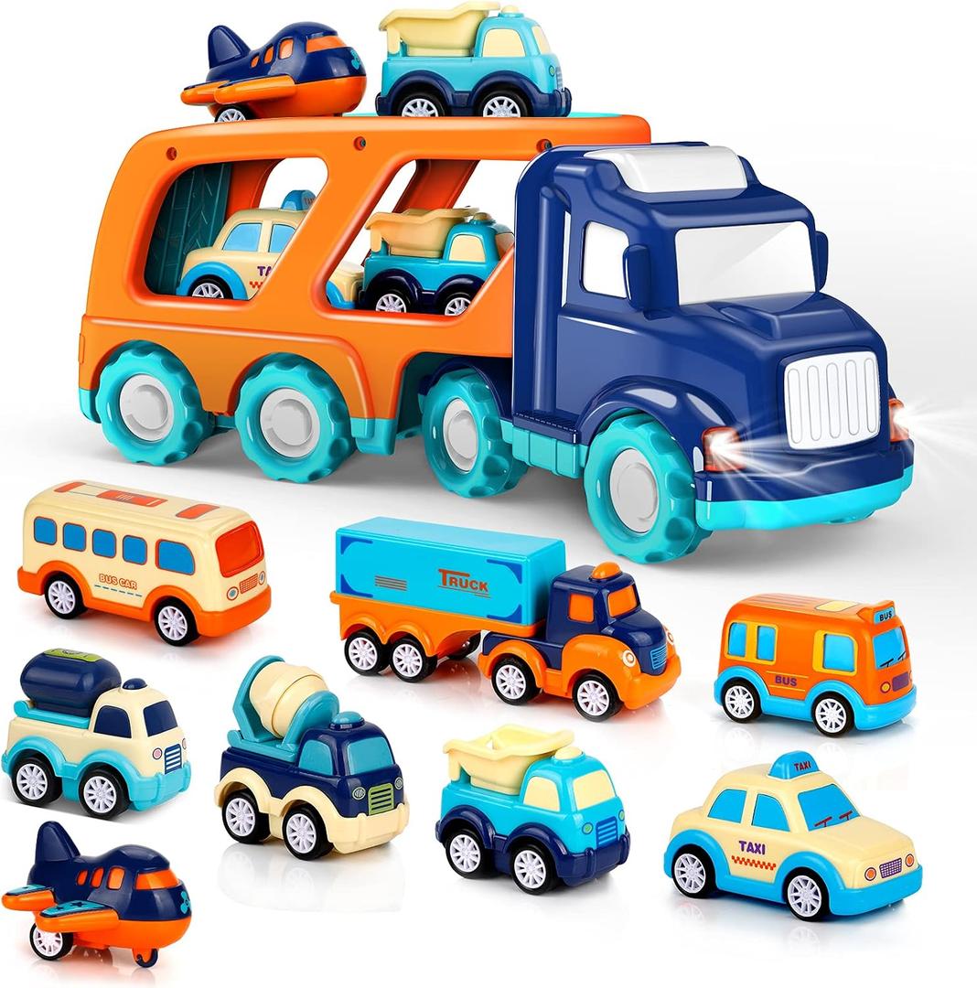 9 Pack Cars Toys for 2 3 4 5 Years Old Toddlers Boys and Girls Gift, Big Transport Truck with 8 Small Cute Pull Back Trucks, Colorful Assorted Vehicles Playset, Carrier Truck with Sound and Light