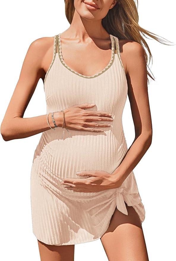 Summer Mae Ribbed Maternity One Piece Swim Dress Pregnancy Swimsuit with Built-in Bottom Swimwear Tie Knot Skirt Bathing Suit
, SIZE 10