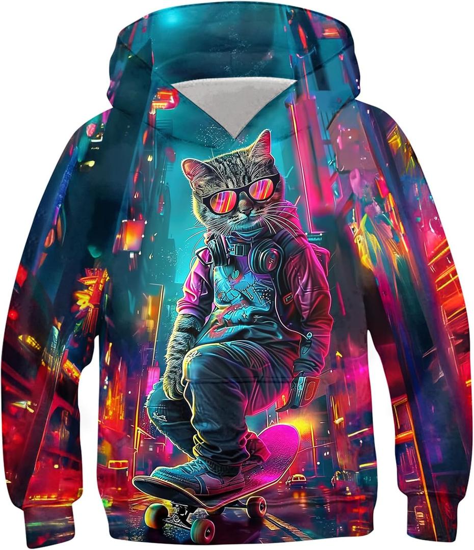 RAISEVERN Boys Girls Hoodies Kids Sweatshirts Pullover Hooded 3D Print Graphics Lightweight Hoody 6-16T (Blue)