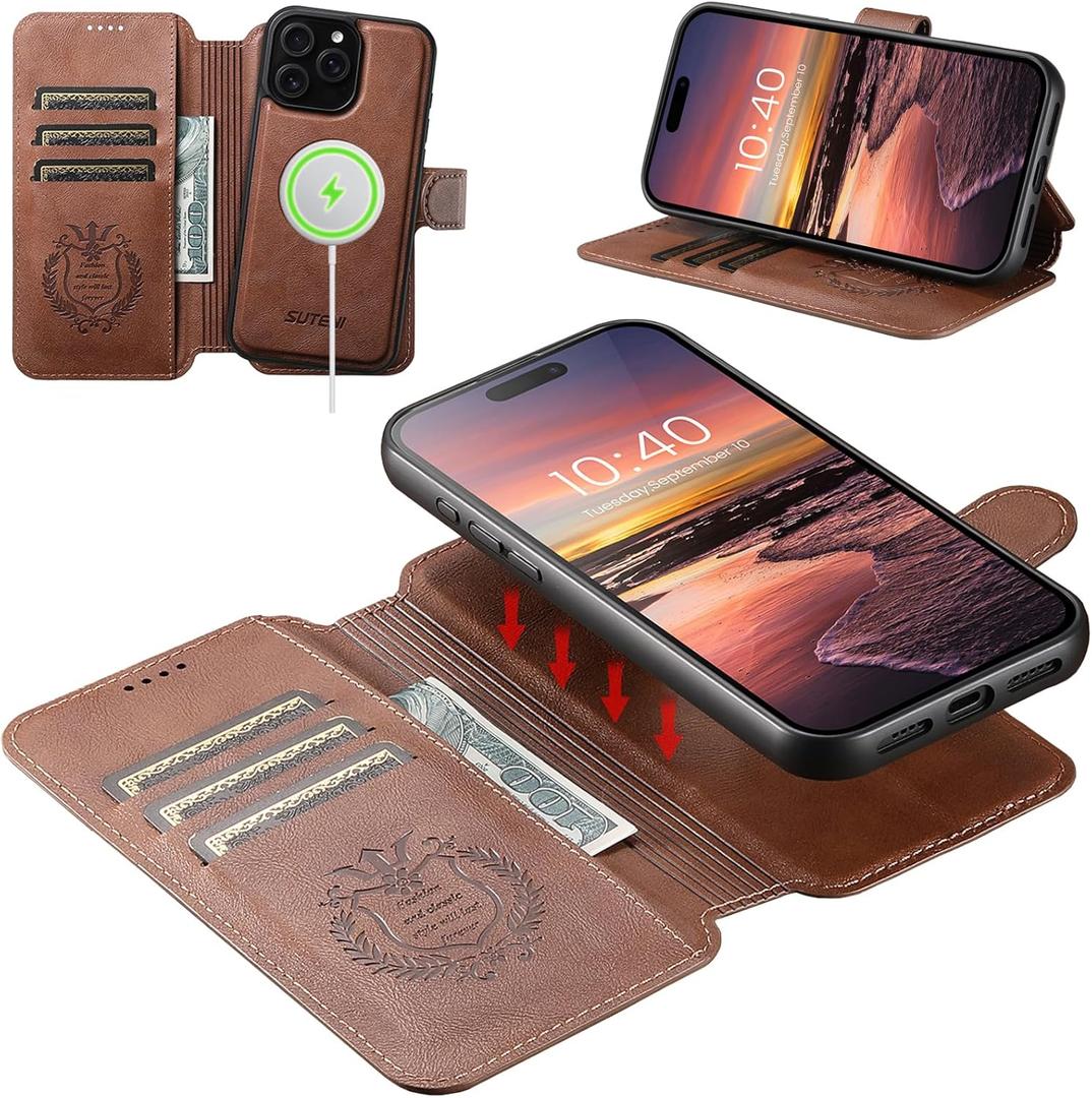 Leather Flip Wallet Case for iPhone 16 Pro Max - 2-in-1, Detachable Magnetic Cover with Built-in Stand, MagSafe Wireless Charging Compatibility, Card Slots, Kickstand, Shockproof Design (Brown)