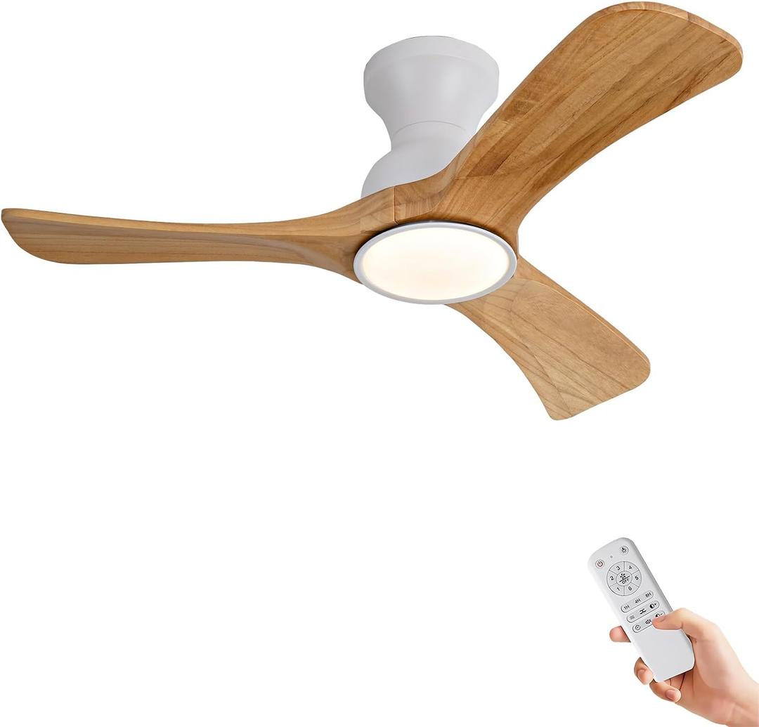 Ceiling Fans with Lights, 42 inch Low Profile Ceiling Fan with Light and Remote Control, Flush Mount, Reversible, 3CCT, Dimmable, Noiseless,Natural Color Ceiling Fan for Bedroom, Indoor/Outdoor Use