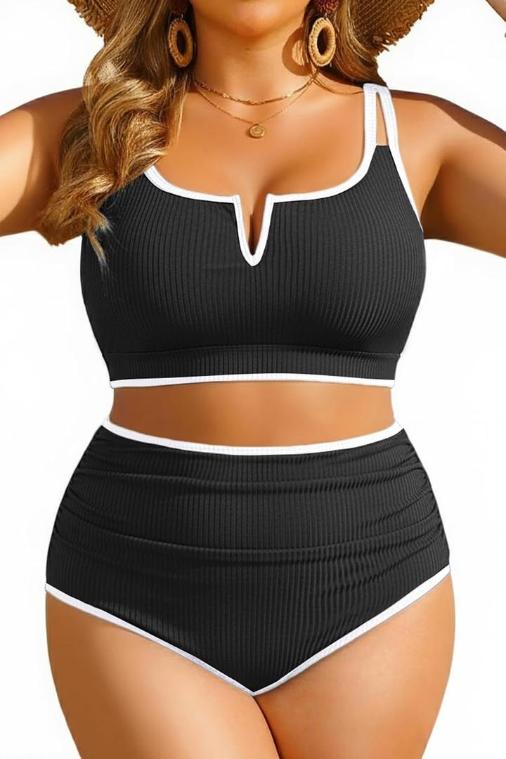 Yonique Women Plus Size High Waisted Bikini - Ribbed Two Piece Swimsuit Tummy Control Bathing Suit V-Wired 2026 Swimwear (Black, XXXL)