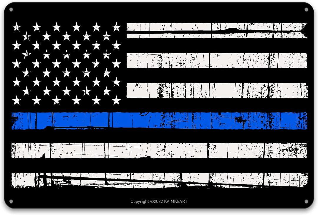 KAIMKEART Blue Lives Matter Flag Metal Tin Sign Wall Decor Man Cave Bar Police Officer Thin Blue Line Gift
