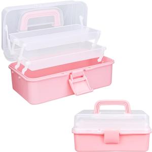 Tackle Box Organizers and Storage,10inch Craft Organizers and Storage,Three-Layer Sewing Box With 2 Trays,Medicine Storage Box With Handle For Nail、Makeup、Diamond Painting、Building Blocks (PINK)