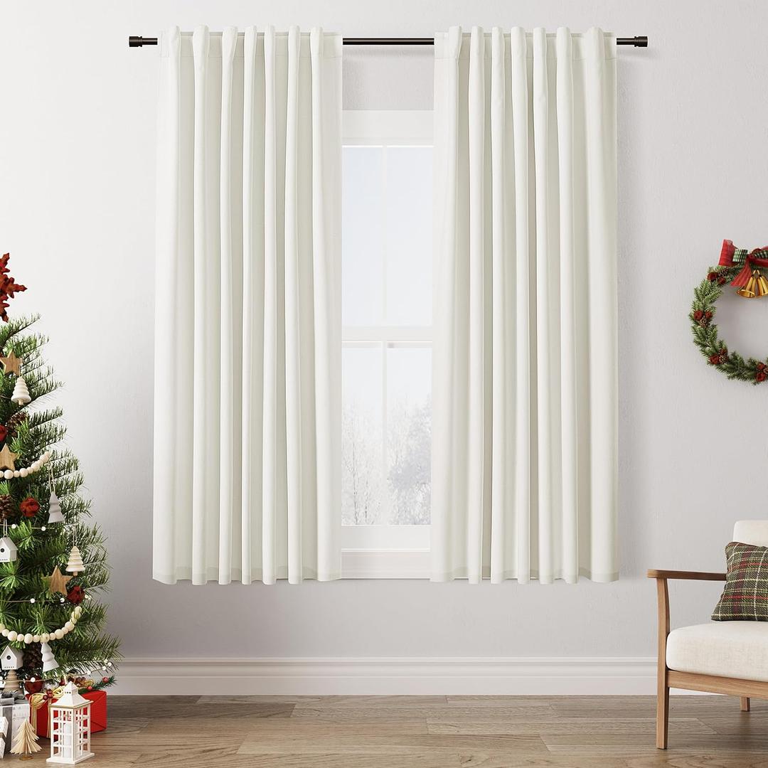 Guken Ivory Linen Blackout Curtains 63 Inch Length 2 Panels Set for Living Room Bedroom Back Tab Thermal Insulated 100% Black Out Linen Drapes Room Darkening Window Curtains 40 Wide