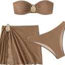 Milumia Women's Metal Textured 3 Piece Swimsuit Strapless Bandeau Bikini Set with Coverup Bathing Suit (Brown), S