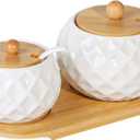Ceramic Sugar Bowl with Lid and Spoon,White Sugar Bowls with Bamboo Tray,2pcs Kitchen Countertop Spice Container Set,Condiment Storage Jars for Coffee,Spice,Salt,17 oz and 8 oz