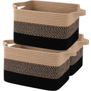 OIAHOMY Storage Basket, Woven Baskets for Storage, Cotton Rope Basket for toys,Towel Baskets for Bathroom - Pack of 3, Black & Brown (3 pcs-13x9.9x8.7)