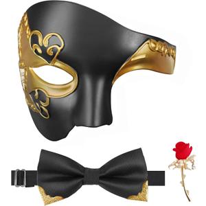 FunMular Masquerade Mask for Men Phantom of The Opera Mask Half Face with Bowtie Brooch for Halloween Mardi Gras Party