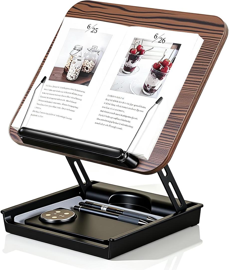 Adjustable Book Stand for Reading - Hands-Free Wooden Cookbook/Recipe Holder with Storage, Ideal Book Stand for Kitchen Counter, Desk & Book Lovers