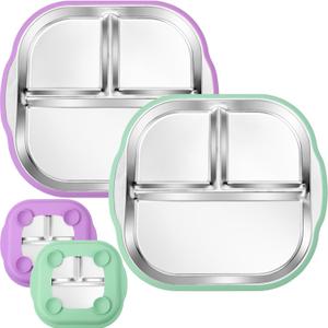 BUSOHA 2 Pack Stainless Steel Kids Plate with Suction - 9.4"X 8.6" Divided Toddler Baby Plates with Silicone Sleeves Non-Slip 2-in-1 Anti Breakage Metal Toddler Bowls (Purple + Green)