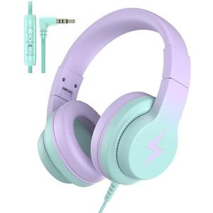 Candy Bila Kids Headphones, Wired Headphones for Kids Over Ear with Microphone, 85/94dB Volume Limiter Headphone for Girls Boys, Foldable Headphone for Learning & Entertainment,Gradient Purple