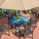 Turquoise Marble Round Fitted Tablecloth with Umbrella Hole and Zipper, 36"-44" Outdoor Elastic Table Cloth Oil-Proof Waterproof Patio Table Cover for Picnic Party Camping