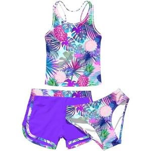 uideazone Girls 3 Piece Bathing Suit Summer UPF 50+ Racerback Swimsuit with Shorts Beach Tankini Sets 13 Years