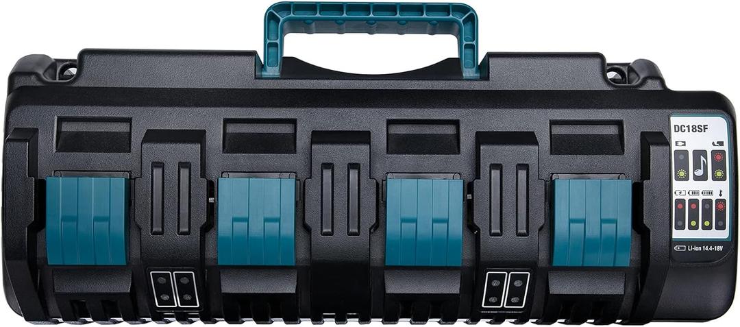Battery Charger for Makita 18v Battery, 4-Port Charger Station DC18SF with 2 USB-A Ports, Simultaneous Rapid Charging for 4 Makita 14.4V 18V Lithium Batteries