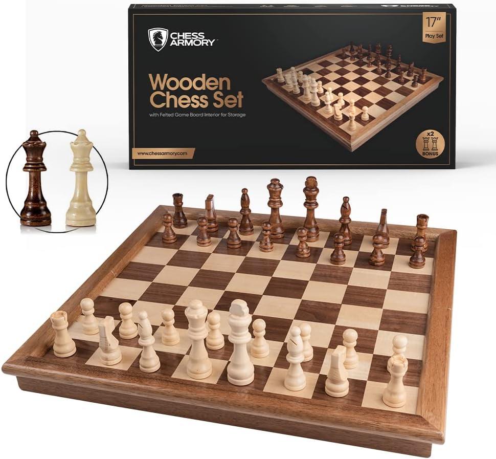 Chess Armory Wooden Chess Set  17-Inch Large Chess Board with Felted Storage Box, Extra Queens & Handcrafted Staunton Pieces Chess Armory Wooden Chess Set  17-Inch Large Chess Board with Felted Storage Box, Extra Queens & Handcrafted Staunton Pieces