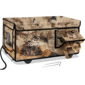 Sturdy Outdoor Heated Cat House for Winter, Insulated Heated Cat House for Outside with Two Door, Feral Cat Shelter with Waterproof Awning, Outdoor Cat House Barn Stray Kitty (26.0"L x 16.0"W x 13.0"H, Desert Camo)