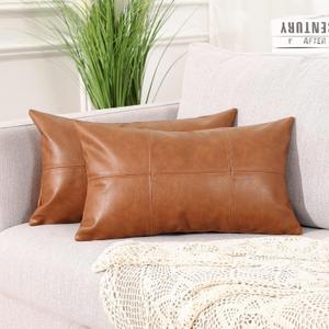 MANDIOO Set of 2 Classic Plaid Faux Leather Decorative Lumbar Throw Pillow Covers,Hand Stitched Modern Luxury Vegan Outdoor Cushion Cases Pillowcases for Couch Sofa Bed Farmhouse 12x20 Inches Brown (20" x 12" (Pack of 2))