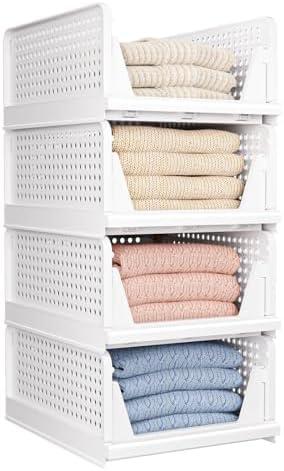 4 Pack Folding Closet Organizers Storage Box, Stackable Storage Bins, Plastic Drawer Basket Closet Storage for Wardrobe Cupboard Kitchen Bathroom Office White-4L