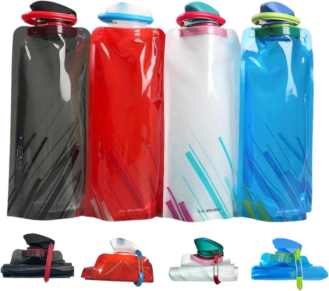 4 Pack 25oz Collapsible Water Bottles, 4 Colors Reusable Leakproof Water Bags for Drinking, Foldable Flat Water Bottles with Clasp for Outdoor Sports Camping Traveling Biking