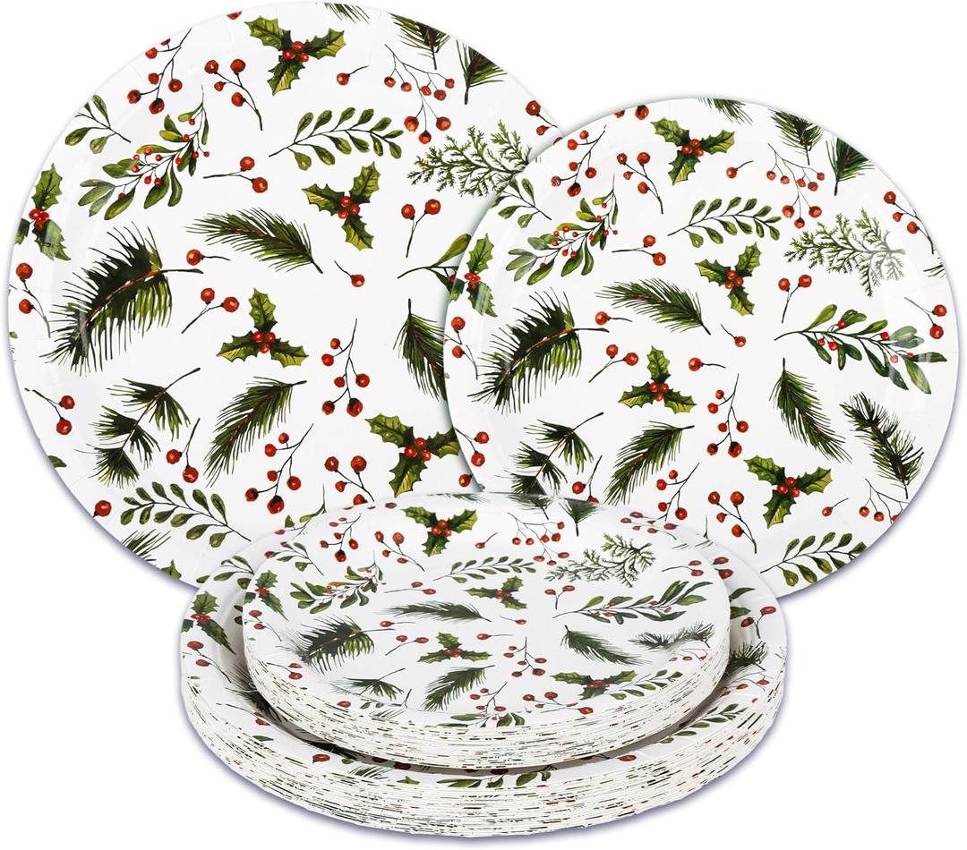 48Pcs Christmas Paper Plates Holly Berries Disposable Party Plates Festive Red Green Holiday Dinnerware Merry Christmas Winter Round Plates for New Year Gatherings Party Table Supplies