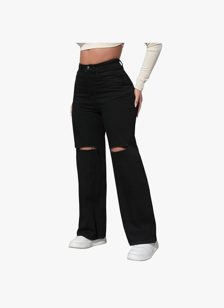 Womens High Waist Ripped Straight Wide Leg Baggy Jeans Y2k Boyfriend Distressed Loose Denim Pants, Size L